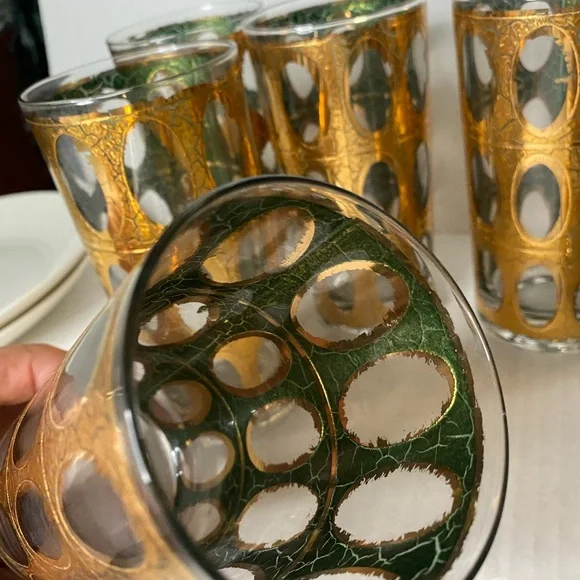 CULVER Mid Century Modern "Pisa" Crackled 22k Gold Highball Glasses - Set of 7 - Picture 3 of 4